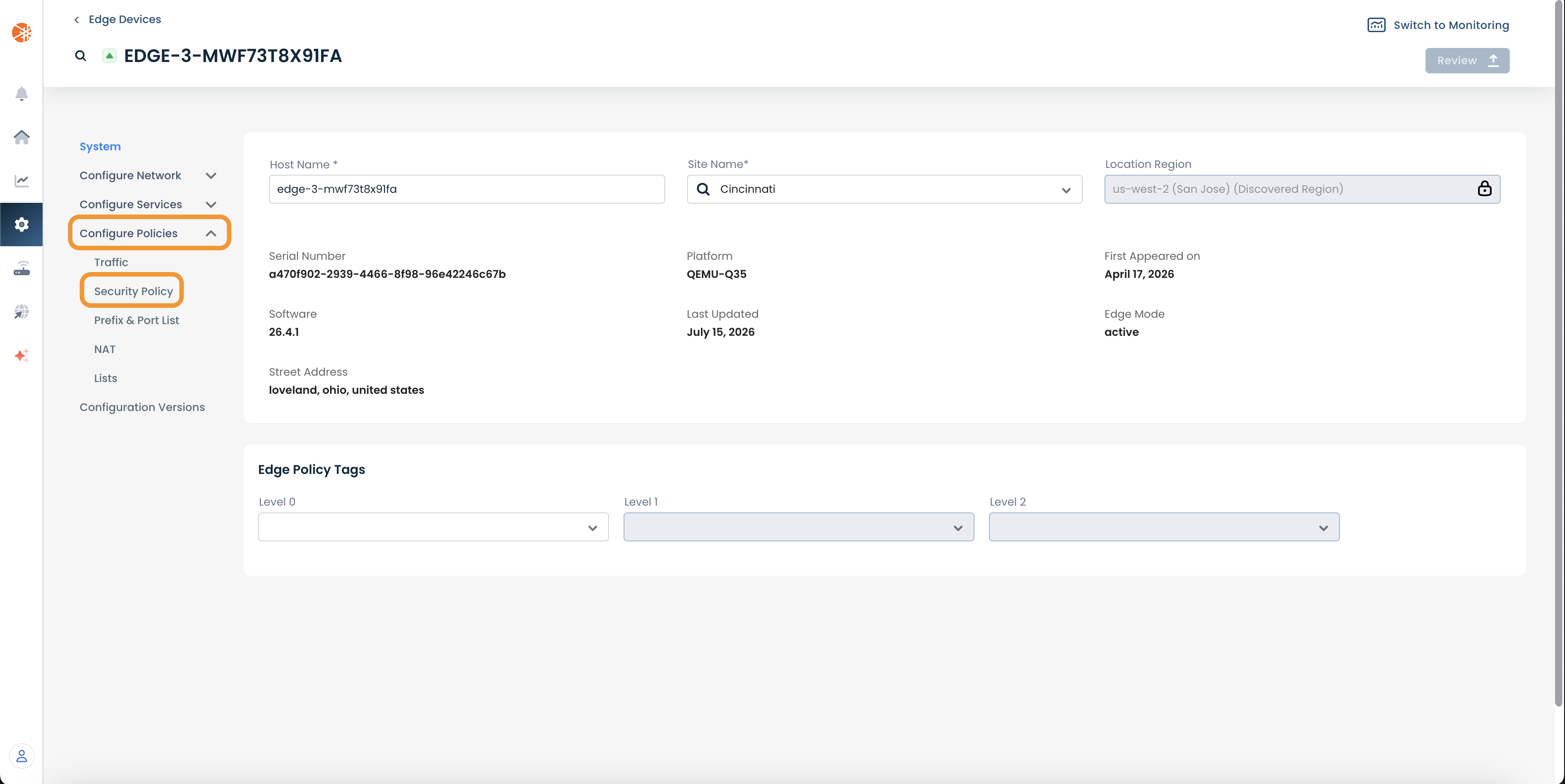 Configuration settings for edge device, including security policy and network details.